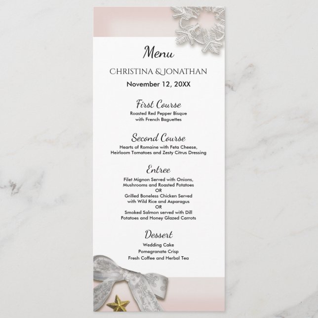 Menu de Casamento no inverno Elegante Snowflakes (Frente)