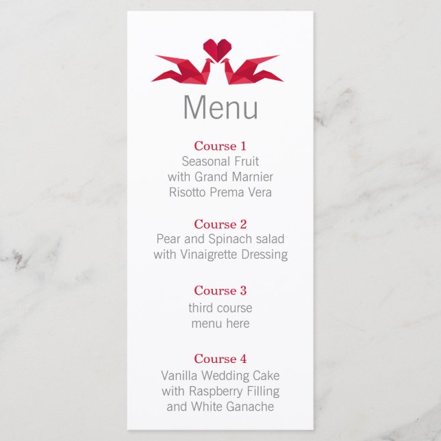 menu de casamento origami red cranes (Frente)