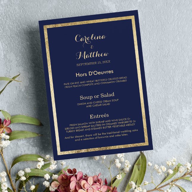 Menu de Casamento Ouro Azul-azul-marinho Elegante (Elegant stylish navy blue faux gold Wedding Menu)