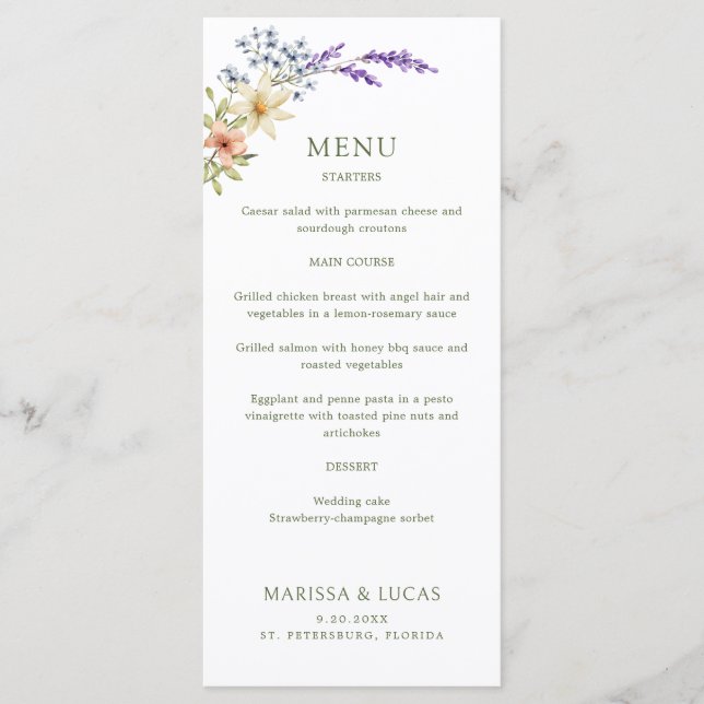 Menu de Casamento Pastel Delicate Wildflower (Frente)