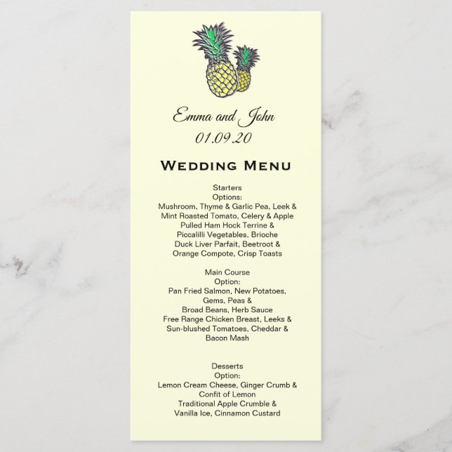 Menu de Casamento Personalizado da Chic de Abacaxi (Frente)