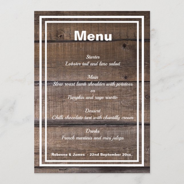 Menu de Casamento Personalizado de Madeira Rústica (Frente)