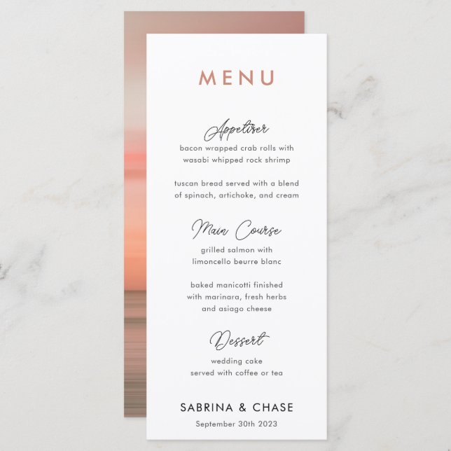 Menu de Casamento Personalizado do Blush Moderno (Frente/Verso)