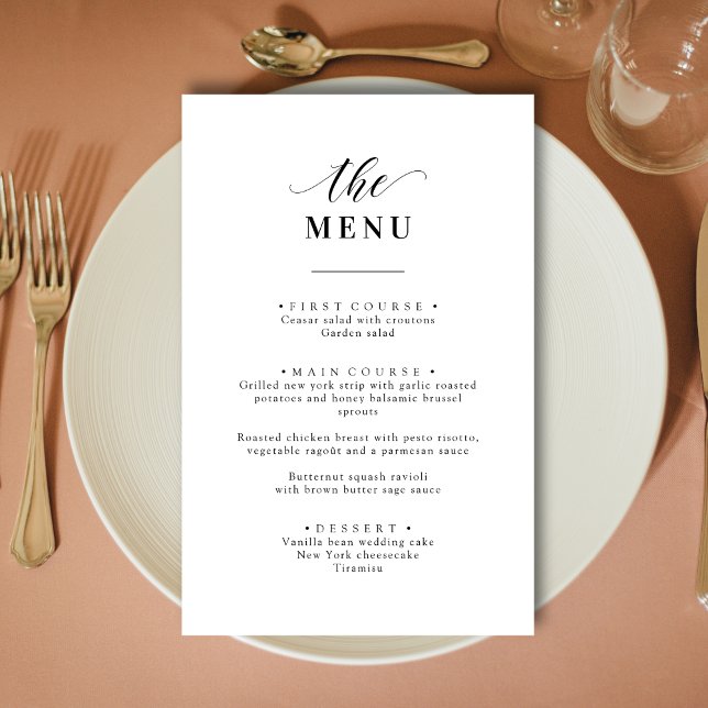 Menu de Casamento Personalizado Elegante Preto e B (Personalized elegant black and white wedding menu adds a refined, custom touch to each place setting)