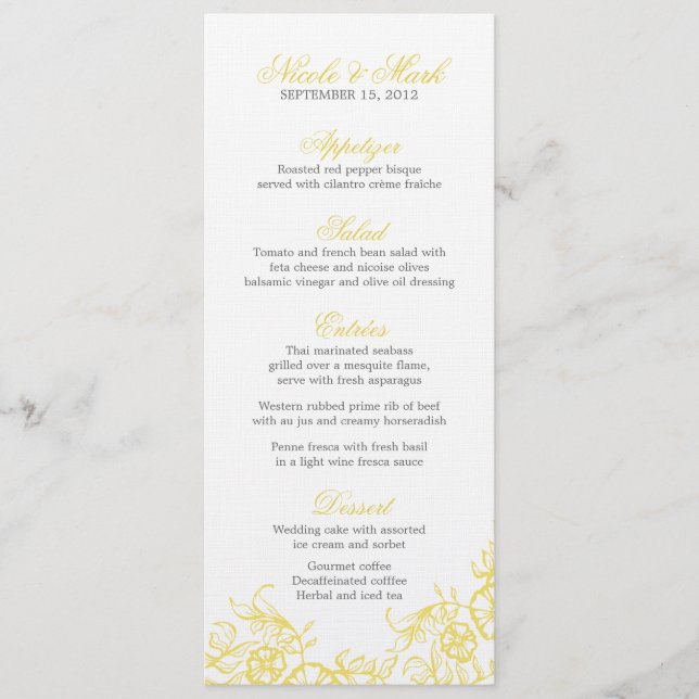 Menu de Casamento Personalizado Floral Amarelo e C (Frente)
