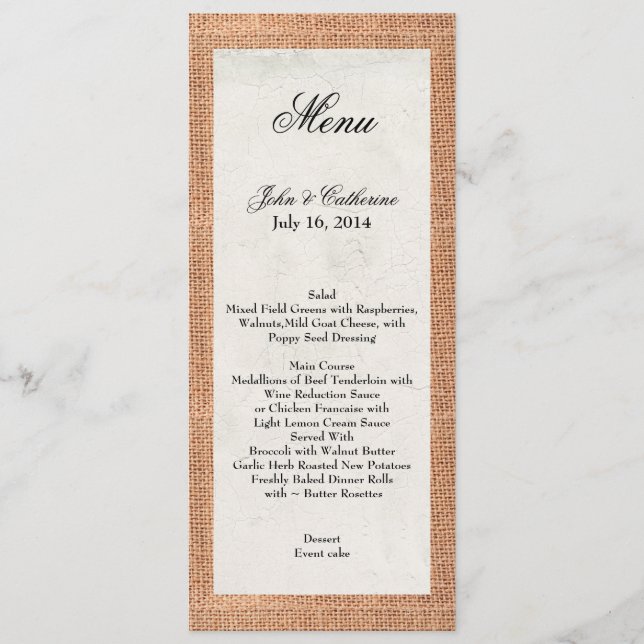 Menu de Casamento Personalizado Rustic Burlap (Frente)