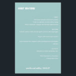 Menu de Casamento Personalizado Simples Azul Aqua<br><div class="desc">Ponha o tom para uma experiência elegante de jantar de casamento com este cartão de cardápio de na moda. Apresentando um sofisticado fundo azul aqua e uma tipografia branca limpa, este menu personalizável destaca os nomes do casal e a data do casamento. Perfeito para recepções, jantadas de ensaio, ou chás...</div>