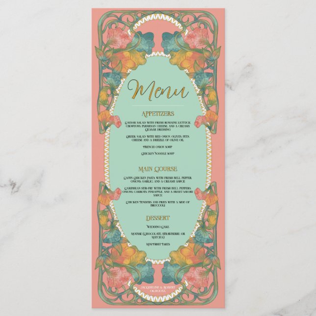 Menu de Casamento Pink Watercolor Art Nouveau (Frente)