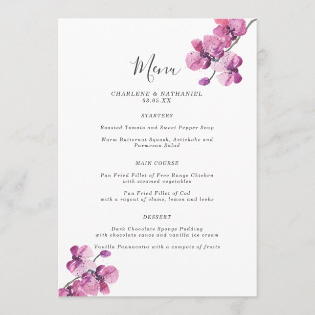 Menu de Casamento Plum Watercolor Orchid 5x7 (Frente)