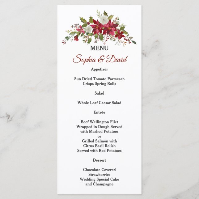 Menu de Casamento Poinsettia Vermelho Branco de Na (Frente)