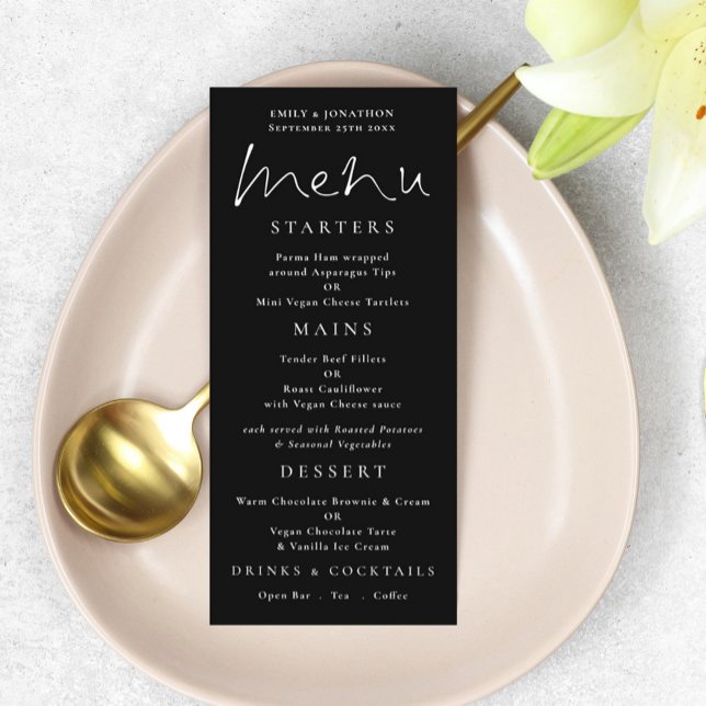 Menu de Casamento Preto Branco de Script Elegante (Criador carregado)