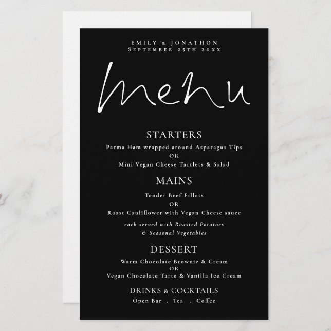Menu de Casamento Preto Branco de Script Na moda d (Frente/Verso)