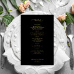 Menu de casamento preto com script simples de ouro<br><div class="desc">Simples caligrafia minimalista de tendência branca script de caligrafia personalizado texto modelo BUDGET barato cartão de cardápio preto de casamento. , LEIA-O ANTES DE COMPRAR! Este é um cartão de casamento de orçamento impresso em uma folha de papel (cada folha tem um cartão). Para obter a melhor qualidade do preço...</div>