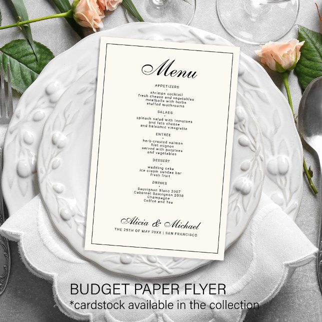 Menu de casamento preto creme marfim elegante econ (Criador carregado)