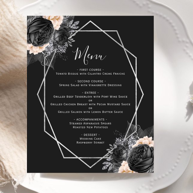 Menu de Casamento Preto de Prata Floral de Prata F (Criador carregado)
