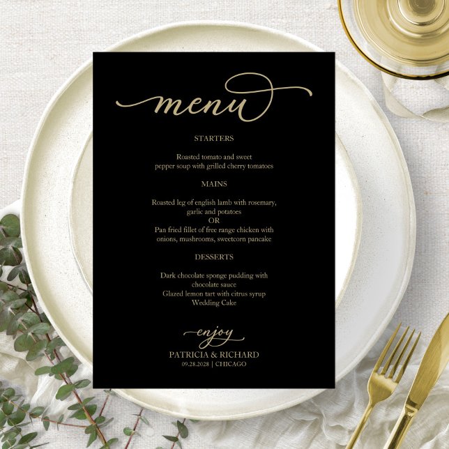 Menu de Casamento Preto de Script Dourado Elegante (Criador carregado)