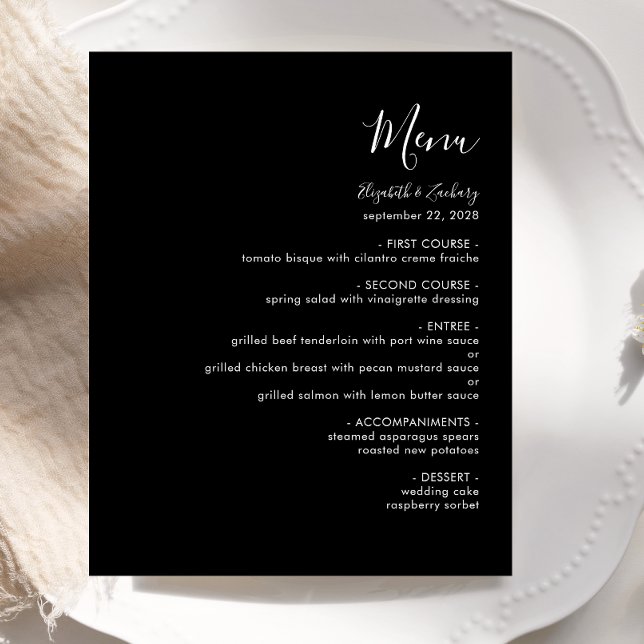 Menu de Casamento Preto do Script Branco Moderno d (Criador carregado)