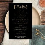 Menu de Casamento Preto do Script Dourado Elegante<br><div class="desc">Menu de Casamento Negro de Script Dourado Elegante de PAPEL Um valor para alternativo de papel monetário em preto clássico e ouro. Com um script na moda set para Menu e personalize facilmente o resto do texto. As cores da fonte podem ser alteradas através do menu de edição. Você também...</div>