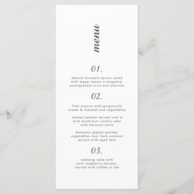 Menu de casamento preto e branco com classe simple (Frente)