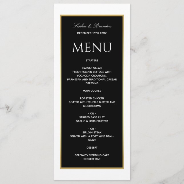 Menu de Casamento Preto e Branco Elegante (Frente)
