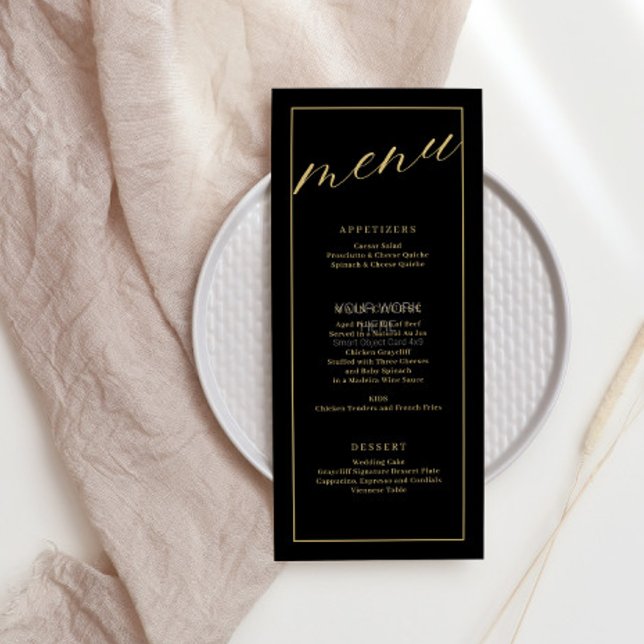 Menu de Casamento Preto e Branco Elegante com scri (Criador carregado)