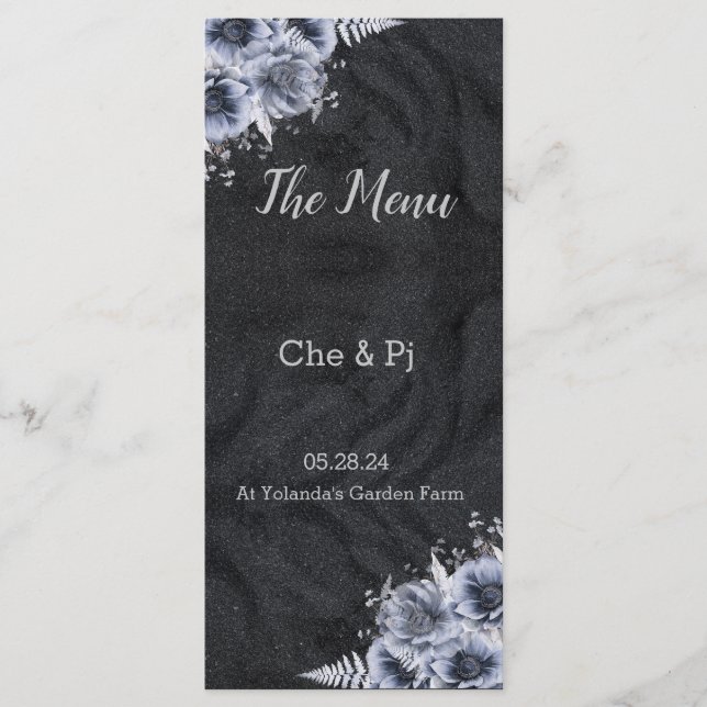 Menu de Casamento Preto e Prateado (Frente)