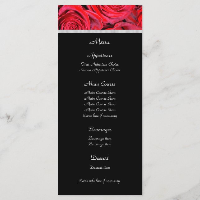 Menu de Casamento Preto e Rosa vermelha (Frente)