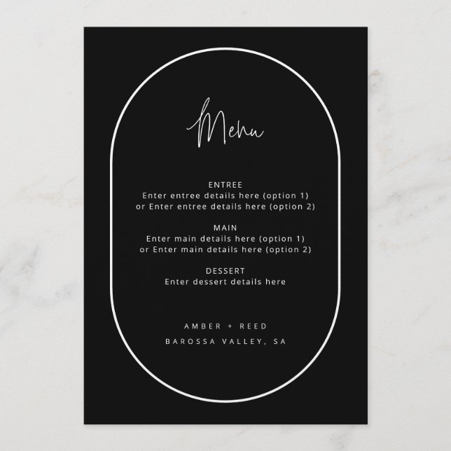 Menu de Casamento Preto Mínimo de Script de Arch D (Frente)