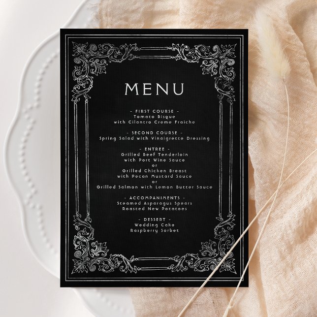 Menu de Casamento Preto Prata Quadro Vintage (Criador carregado)