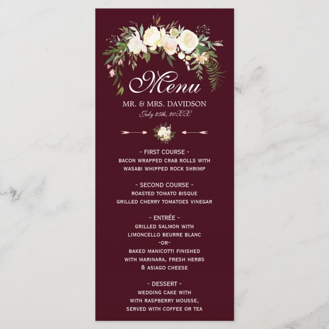 Menu de Casamento Real Ivory Floral Crest Burgundy (Frente)