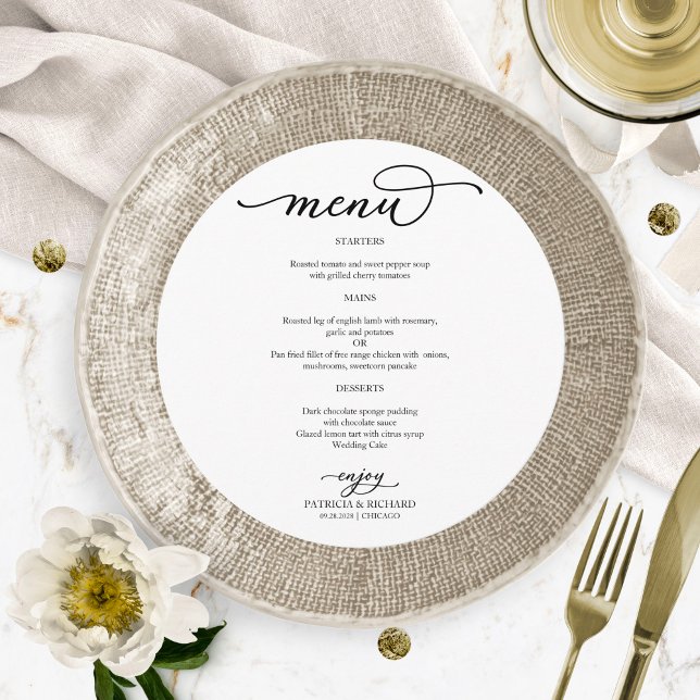 Menu de Casamento Redondo de Script Branco e Preto (Criador carregado)