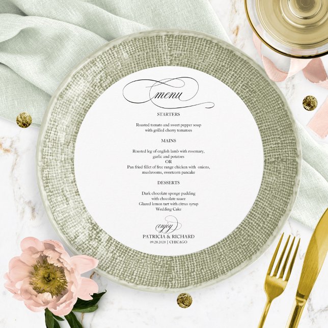 Menu de Casamento Redondo Elegante de Script Preto (Criador carregado)