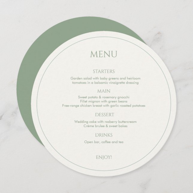 Menu de Casamento Redondo Sage Green & Ivory Monog (Frente/Verso)