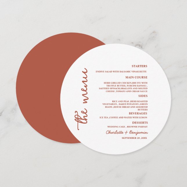Menu de Casamento Redondo Terracota Minimalista (Frente/Verso)
