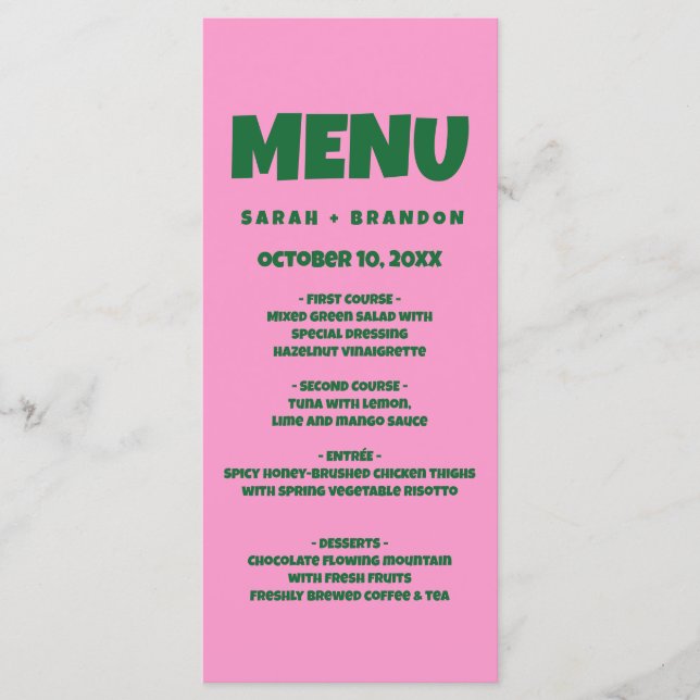 Menu de Casamento Retroativo Verde Cor-de-Rosa (Frente)