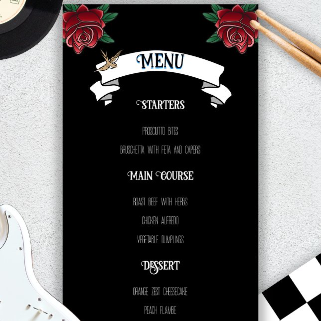 Menu de Casamento Rockabilly da Tatuagem Negra e B (Black and White Tattoo Rockabilly Wedding Menu)
