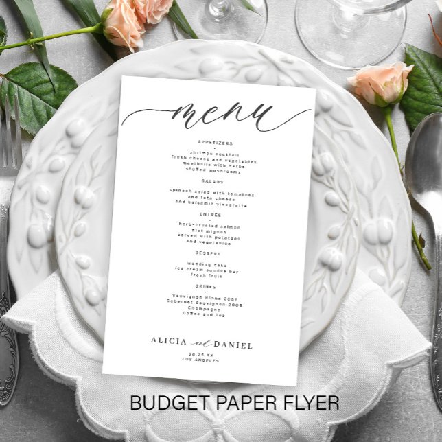 Menu de casamento romântico branco preto com orçam (Criador carregado)