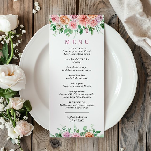 Menu de Casamento Romântico das Flores Rosa e Roxo (Criador carregado)