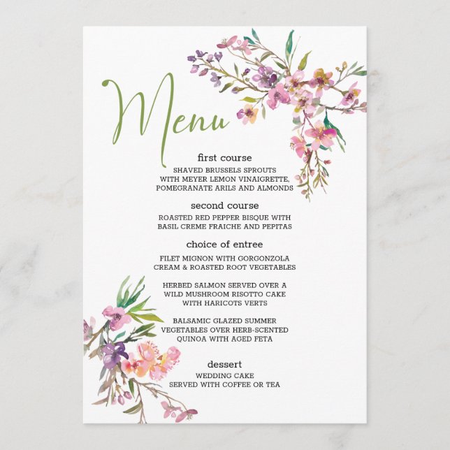 Menu de Casamento Romântico Floral do Flor de Cere (Frente)