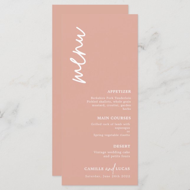 Menu de Casamento Rosa Migrado Minimalista (Frente/Verso)