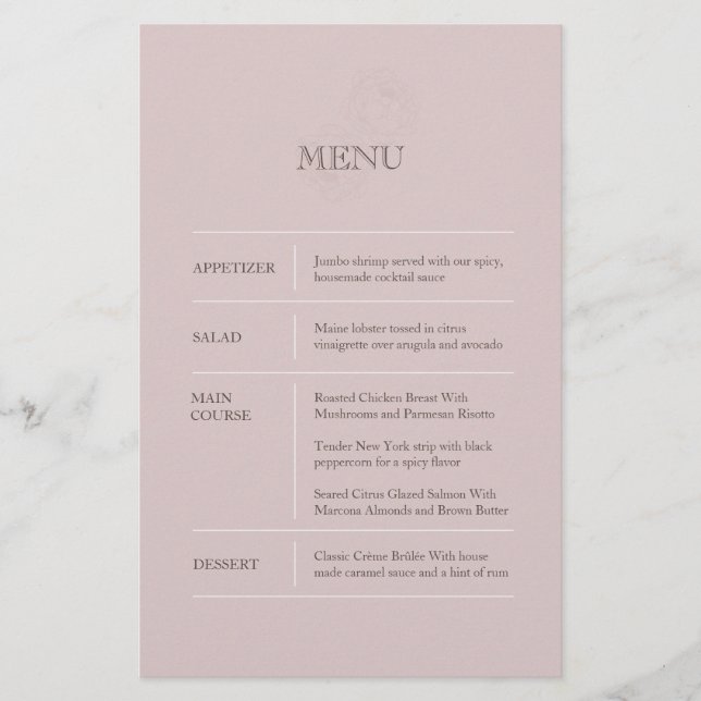 Menu de Casamento Rosa Moderno (Frente)