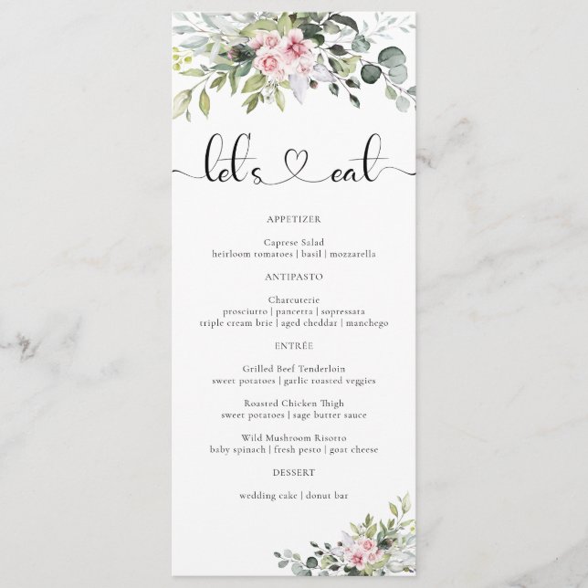 Menu de Casamento Rosa Rosa Verde (Frente)