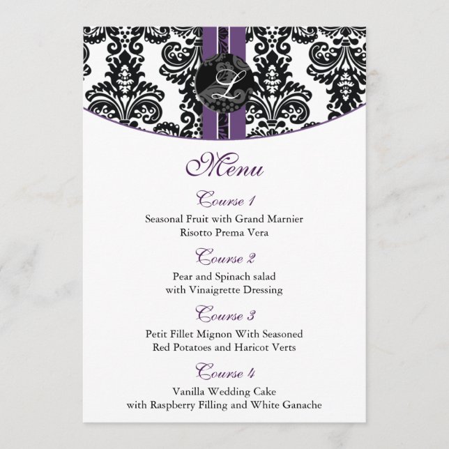 menu de casamento roxo do monograma damasco (Frente)