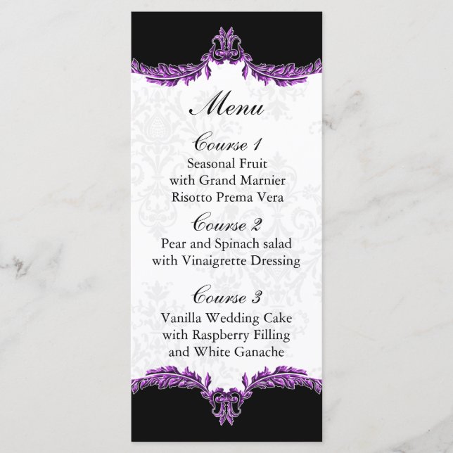 menu de casamento roxo preto (Frente)