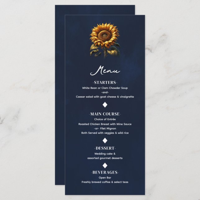 Menu de Casamento Russo de Girassol Azul (Frente/Verso)