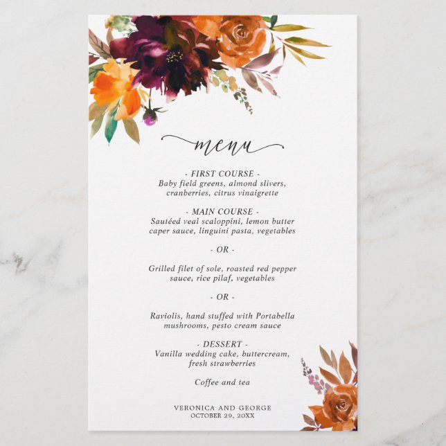 Menu de Casamento Russo Laranja Queimado (Frente)