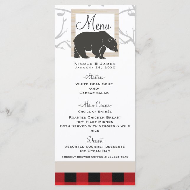 Menu de Casamento Rustic Bear & Red Plaid Woods (Frente)