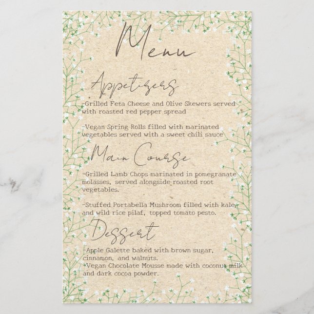 Menu de Casamento Rustic Boho Boho Flores de Ar do (Frente)