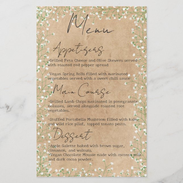 Menu de Casamento Rustic Boho Boho Flores de Ar do (Frente)
