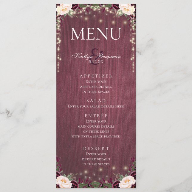 Menu de Casamento Rustic Burgundy Wood & String Li (Frente)